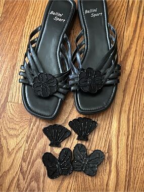 Bellini Sport black slip on sandal w/Velcro rose/butterfly/fan size 10